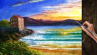 Acrylic Seascape Painting Time-lapse / Building on the Beach during Sunset / Fine Arts
