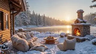 Peaceful Winter Morning Atmosphere ☀️ Warm Fireplace ❄️ Quiet Lake