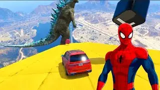 SPIDERMAN CARS MEGA JUMP Ramp Challenge! SUPERHERO HULK IronMan Fight Epic new stunts Race - GTA V