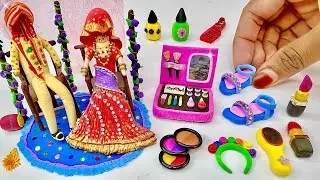 DIY How To Make Polymer Clay Miniature Makeup Set with Bride Dress,Eyeshadow, Shoes,Bag | makeup kit