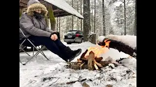 Enjoying First Campfire Of The Year In The Winter Wonderland