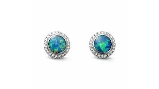 14k White Gold Round Opal Stud Earrings with Diamonds - 8920 | FlashOpal
