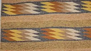 Square Size Vintage Native American Navajo Eye Dazzler Rug in Ivory, Yellow, Rust, indigo blue 1955
