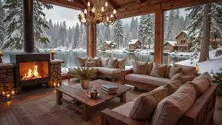 Cozy Wood Cabin by Calm Lakeshore ❄️ Winter Piano Music Background & Crackling Fire for Relaxation