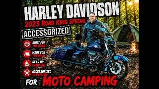 Harley Davidson Road King outfitted for Moto Camping. Accessories for securing your gear.