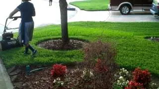 Desiree cutting the grass