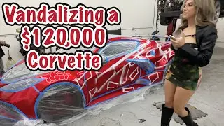 Spray painting graffiti on a custom wide body C8 Chevrolet Corvette with a money theme- no excuses