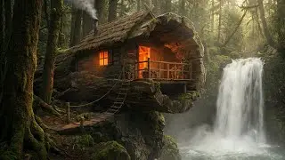Building a House Inside a Giant Log (ASMR) &ndash; She Built a Home Above a Waterfall