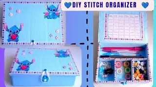 Super CUTE STITCH Desk Organizer! 💙 Cheap Recycled School Supplies DIY (Step-by-Step)