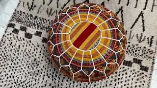 Kechart &ndash; Orange Moroccan pouf, traditional Chair & ottoman, round footstool, handmade floor ottoman
