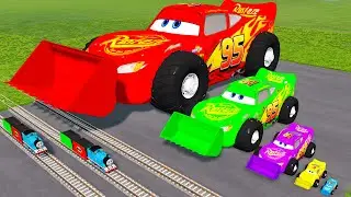 Big & Small: Monowheel Lightning Mcqueen with Monster Truck Wheels vs Trains | BeamNG.Drive