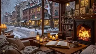 Winter Ambianc ❄️ Cozy Coffee Shop Room e with Soft Jazz Piano & Crackling Fireplace For Study