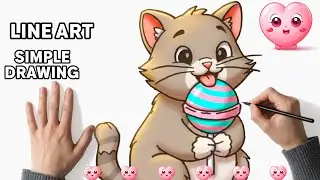 Drawing a Cute Kawaii Cat Eating a Giant Lollipop | Clean Line Art + Color Reveal