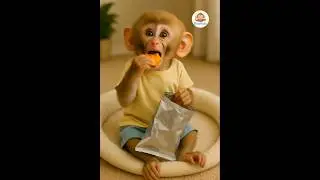 Look baby monkey eating chips