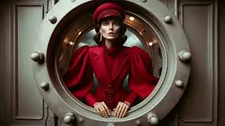 Digital Design porthole, woman in a red outfit with surreal cap