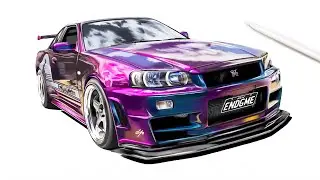Realistic Car Drawing - NISSAN SKYLINE R34 GTR | drawingpat