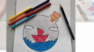 ship  in the water inside the bottle balb drawing