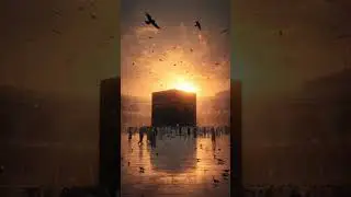 Golden sunset over Kaaba Sharif, pilgrims walking in slow motion, birds flying above &mdash; cinematic