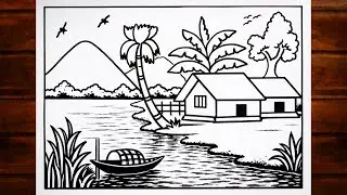 How to draw easy scenery drawing beautiful village landscape scenery step by step/Riverside scenery