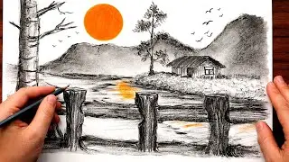 Easy Pencil Landscape Drawing | Sunset River & Cottage Scenery Step by Step #easydrawing #sunset 