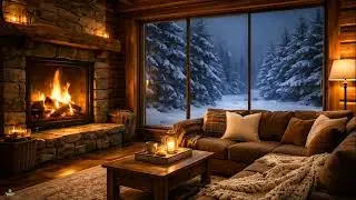 Cozy Winter Cabin Fireplace | Snowfall Ambience