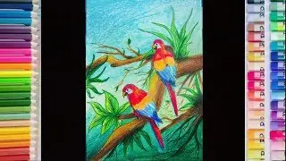 How to draw two parrots on branch of tree |วาดรูประบายสี นกแก้วบนกิ่งไม้ตามธรรมชาติ
