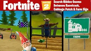 Fortnite Search Hidden Gnome found in between a Race Track, Cabbage Patch and a Farm Sign Location