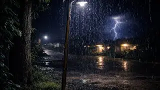 Lonely Night Rain 🌧️⚡ Heavy Rain & Thunder Under Streetlights for Deep Sleep (No Ads)