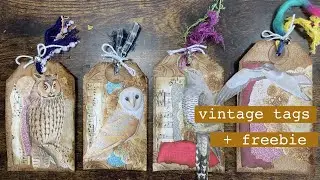 Vintage gift tags junk journal + FREEBIE | shabby chic gift tags with birds scrap paper collage