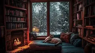Winter Library ASMR for Sleep with Crackling Fire, Cold Wind and Falling Snow