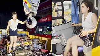 Skilled Female Crane Operator Heze: Rigging and Nighttime Heavy Equipment Loading in Action