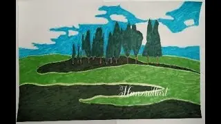 Drawing Illustration Famous Tuscany view of Cipressi di San Quirico d'Orcia, Italy 🇮🇹