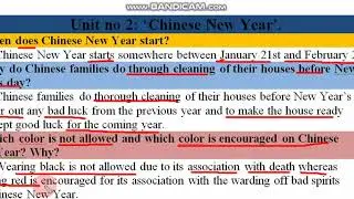 English Grade 10 Questions Answers Unit/Lesson/ Chapter No. 2: Chinese New Year