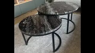 Okrągłe stoliki LOFT  , blat  z kamienia . Wyginanie kół z kształtownika 20x20x2 .