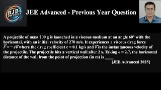 A projectile of mass 200 g is launched in a viscous medium at an angle 60&deg; with the horizontal
