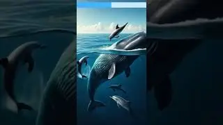 Whale and Dolphins Splashing Together