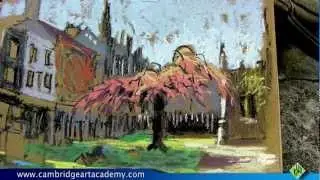Pastel sketch of spring blossom in St. Mary the Great Churchyard, Cambridge UK