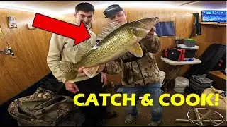 Ice Fishing for BIG WALLEYE + Catch & Cook!! | ICE CAMPING!