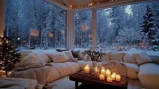 Cozy Winter Ambience: Modern Glass House with Snowy Forest View & Christmas Magic