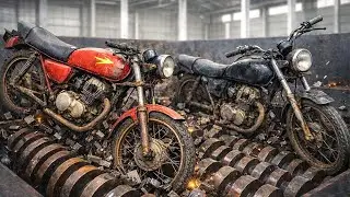 Giant Industrial Shredder Destroys Two Old Motorcycles | Extreme Metal Shredding Experiment