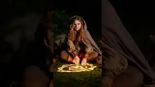 Elf girl performs a glowing ritual in the forest at night. Mysterious and calm