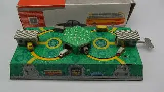 Vintage RUSSIAN Clockwork Tin Key Wind Up Toy Bus Station Abtotpacca