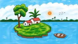 Peaceful Island Scenery Drawing | Easy Landscape Art