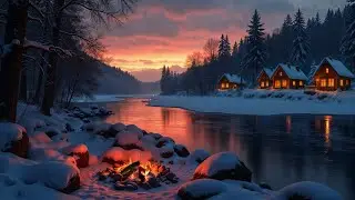 ☃️ Winter River Campfire at Dusk | Crackling Fireplace & Gentle Cold Wind Ambience