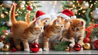 New year little cat play Christmas balls