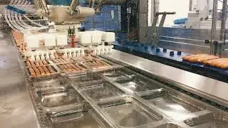 Loading of sausages into a thermoforming machine format 3 x 2 lengthwise