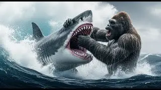 Ultimate Duel: King Kong battles the giant Megalodon shark at sea.