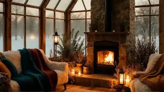 Glasshouse Winter Retreat Ambience - Soft Fireplace Jazz Relax Music for Deep Calm Focus 02