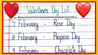 Valentine day list 2026/valentine's week list/February 7 to 14 all day list/valentine day/valentine 