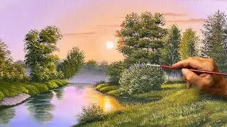 How to Paint a Peaceful River Sunset | Easy Acrylic Landscape Painting Tutorial